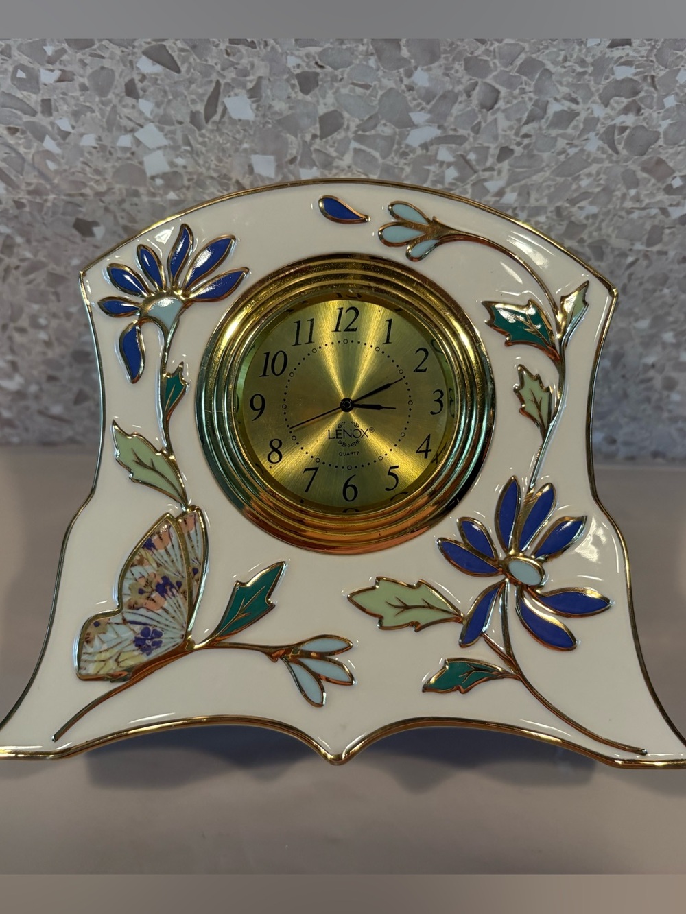 Lenox Gilded Garden porcelain desk clock feat Blue Floral & butterflies
